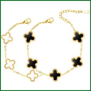 Stainless Steel Four Leaf Clover Link Bracelet with Lobster Clasp
